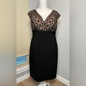 Adrianna Papell Woman Black and Lace Fitted Dress with Front and Back Neckline